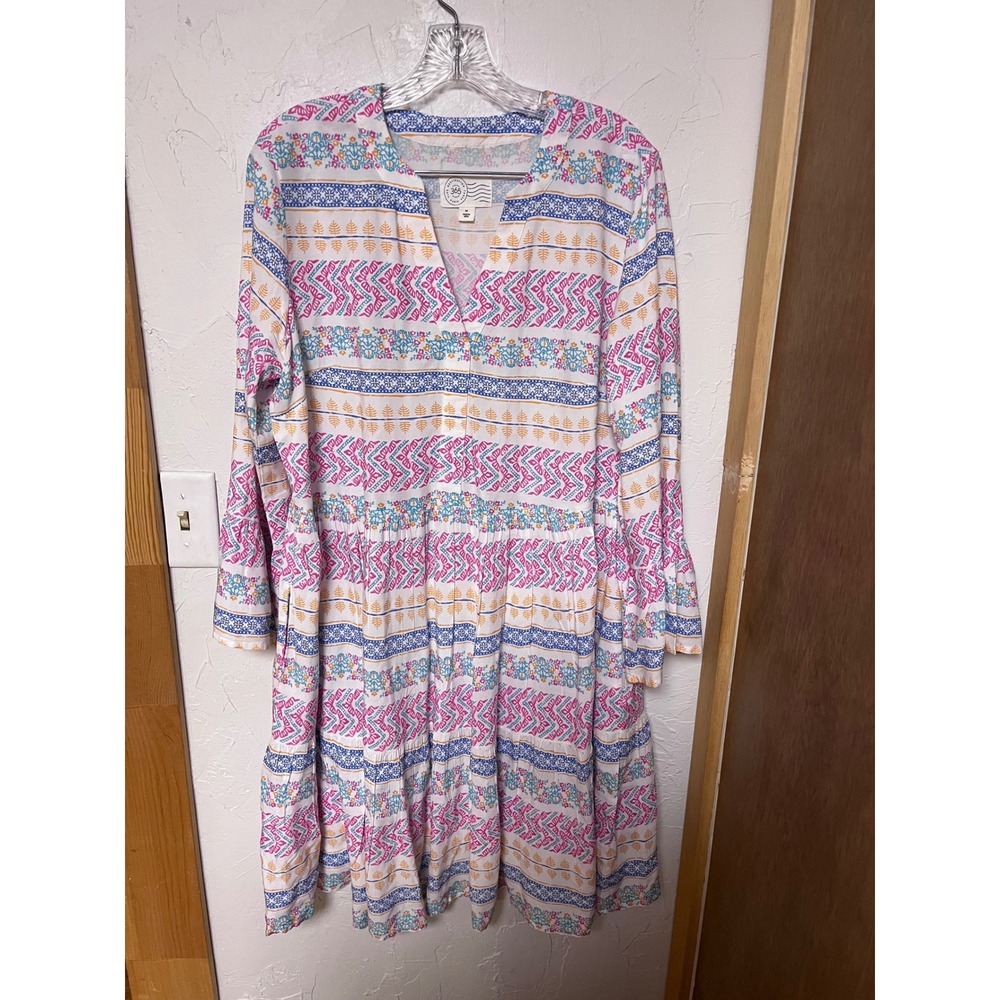 Destination 365 Boho Tiered Mini Dress Pink Blue Geometric Print Bell Sleeve M
